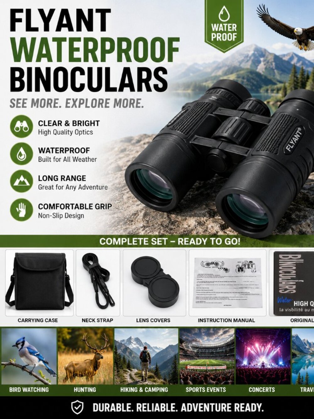 FLYANT Waterproof Binoculars Complete Set w/ Case Strap & Box